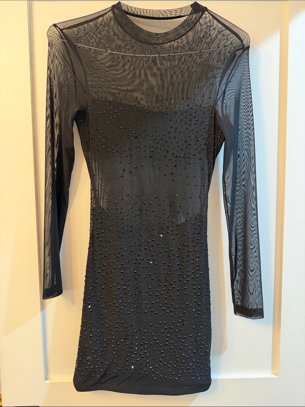 SHEIN Black Long-Sleeve Mesh Beaded Mini Dress